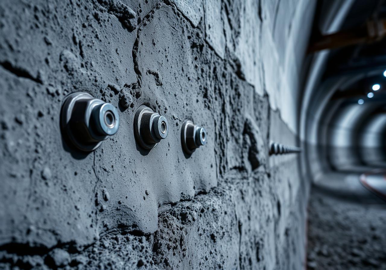 Rock bolts and shotcrete on a tunnel wall